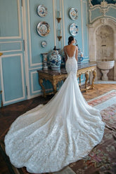 Elegant White Mermaid Spaghetti Strap Sweetheart Backless Lace Cathedral Train Tulle Wedding Dresses With Appliques